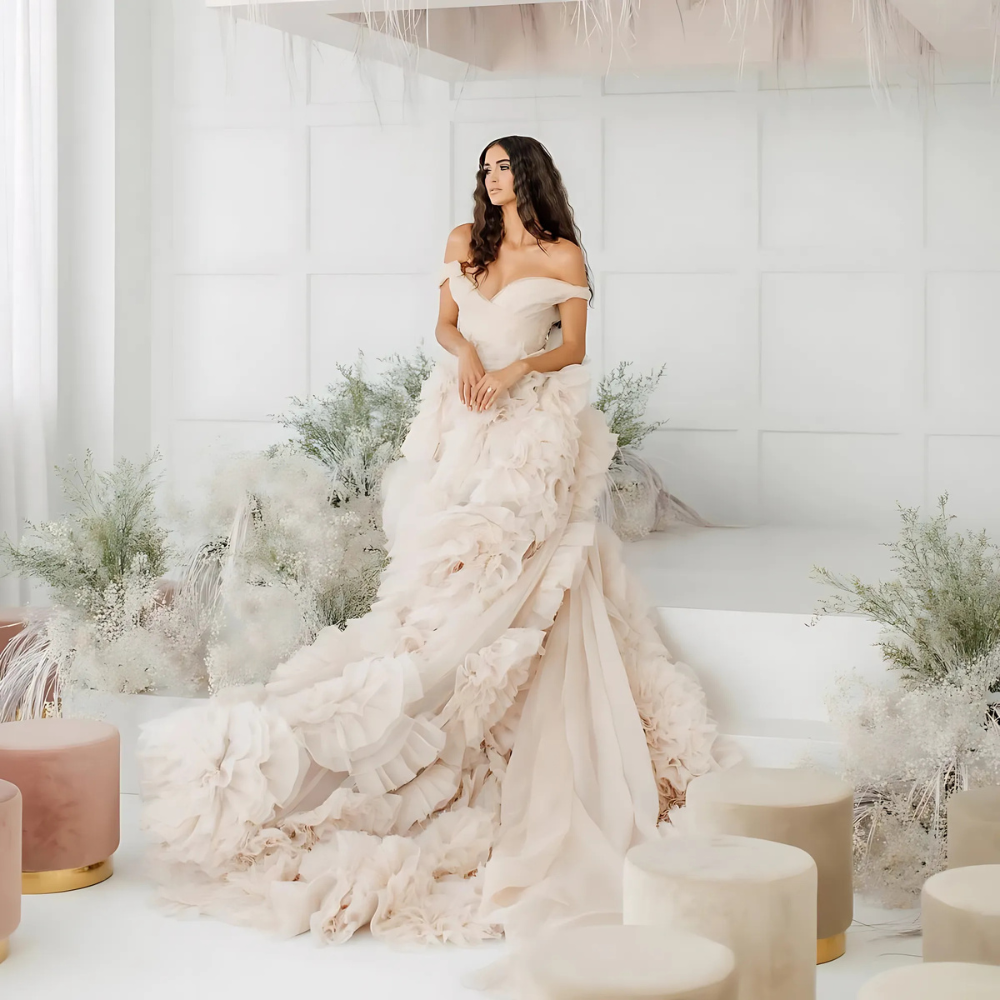 Wedding Dress,  Blush Pink Wedding Gowns Ruffles -Hem A-line Tulle Bridal Dress Lace Up A Voluminous Tulle Gowns