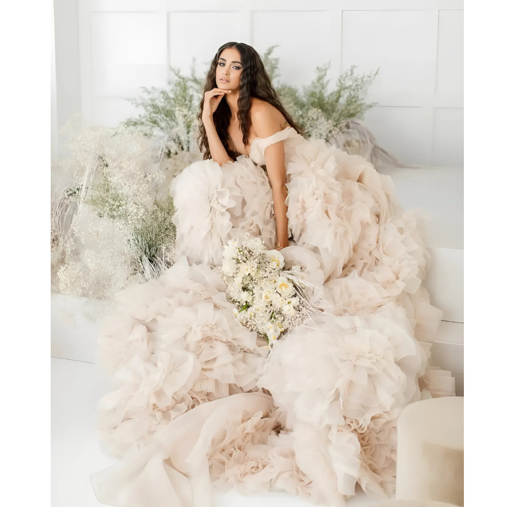 Wedding Dress,  Blush Pink Wedding Gowns Ruffles -Hem A-line Tulle Bridal Dress Lace Up A Voluminous Tulle Gowns