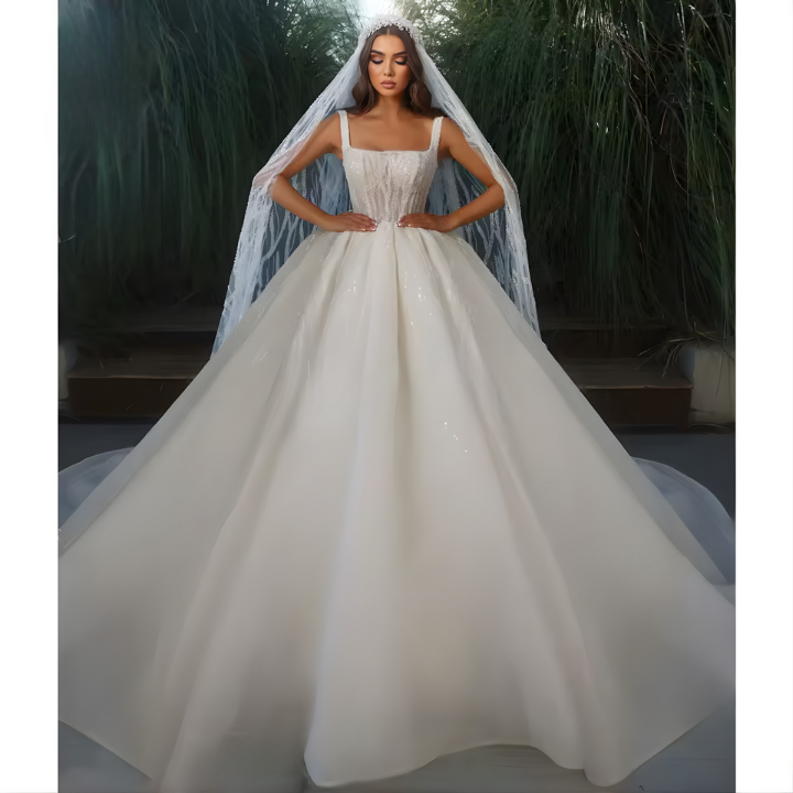 Wedding Dress, Gorgeous Square Collar Beading Ball Gown Princess Bride Plus