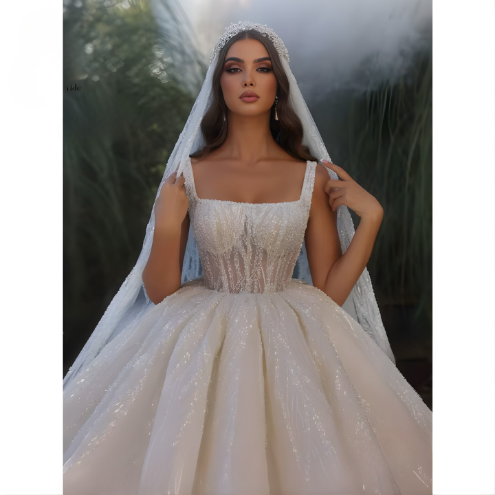 Wedding Dress, Gorgeous Square Collar Beading Ball Gown Princess Bride Plus
