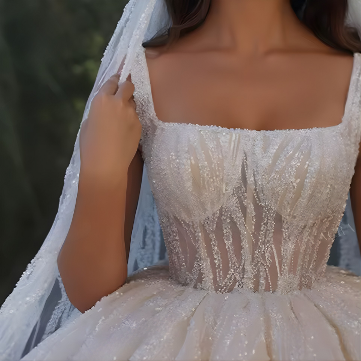 Wedding Dress, Gorgeous Square Collar Beading Ball Gown Princess Bride Plus