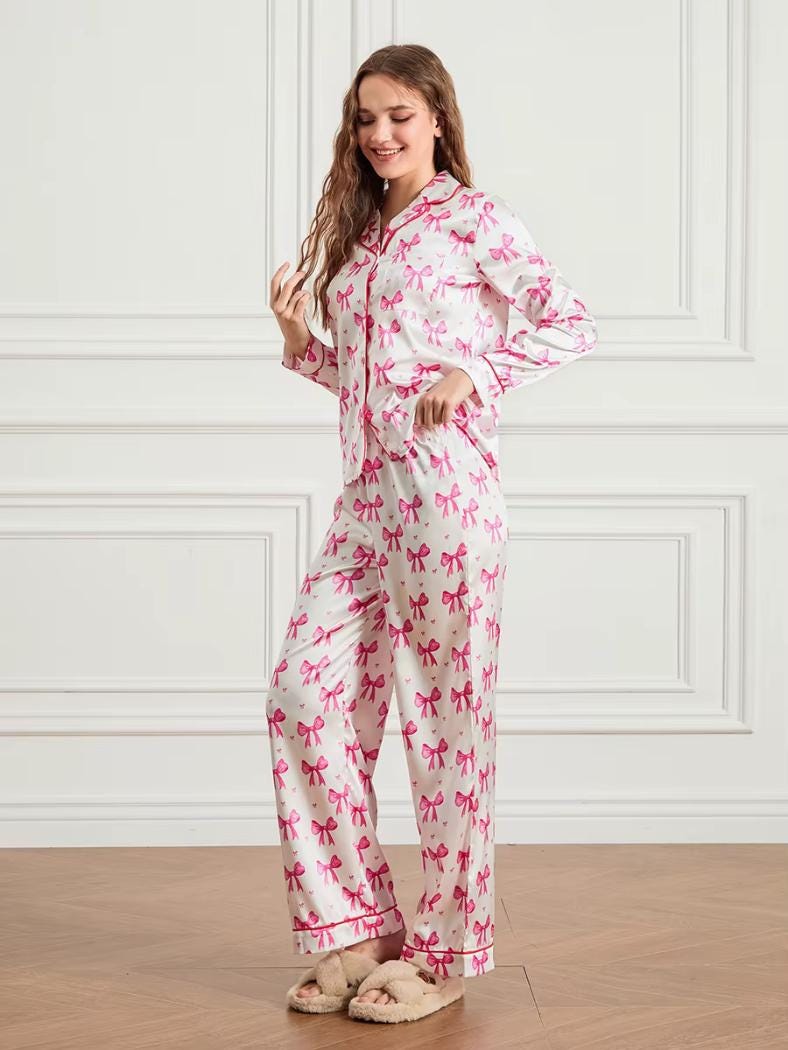 Coquette Pink Bow Cute Pajamas Set Pink Coquette Pajama Gifts For Her Cozy Pants Valentines Day Pjs Christmas Pink Bow Pajama present Gifts,