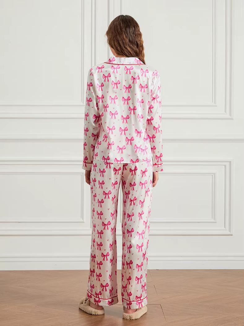 Coquette Pink Bow Cute Pajamas Set Pink Coquette Pajama Gifts For Her Cozy Pants Valentines Day Pjs Christmas Pink Bow Pajama present Gifts,