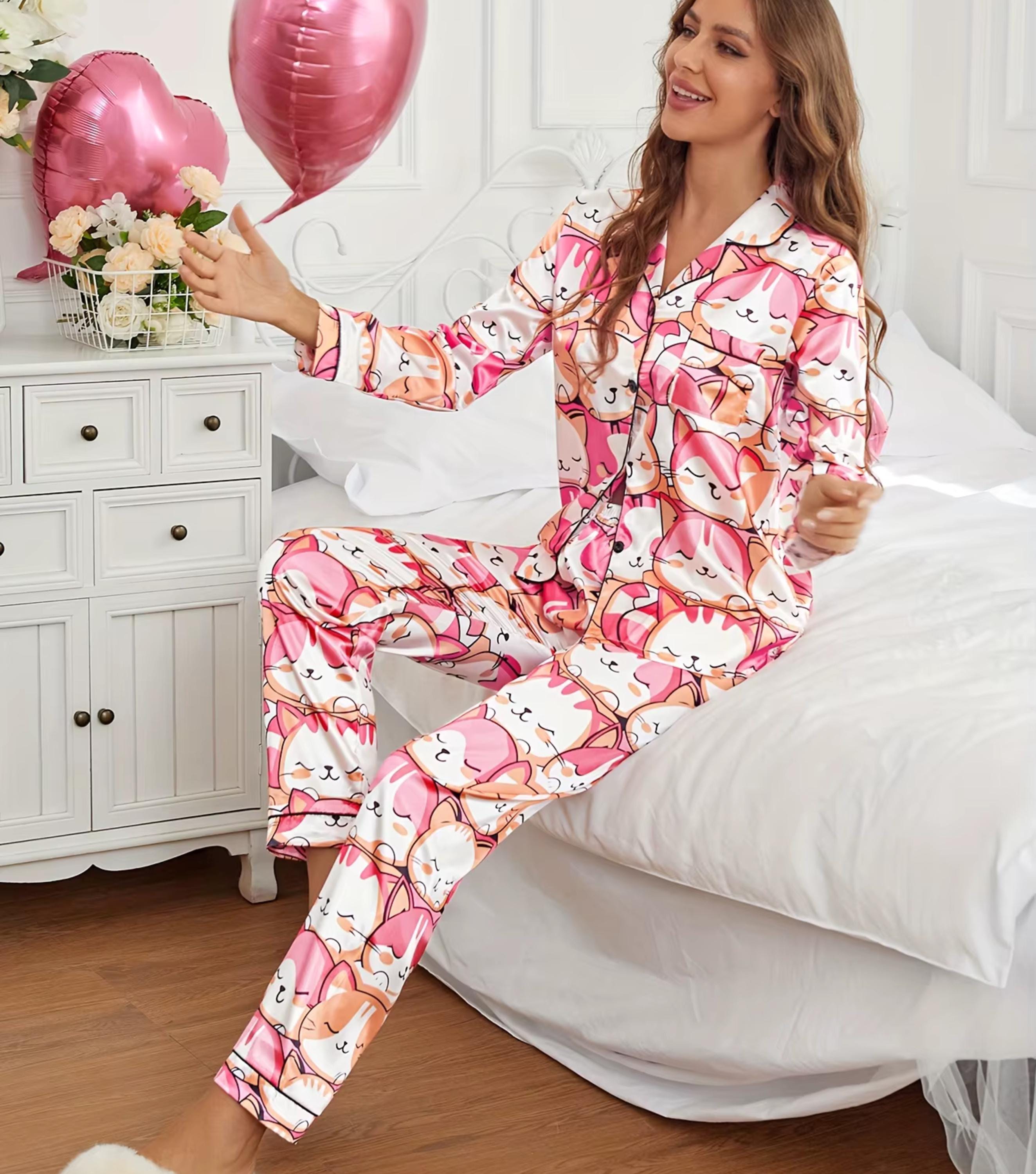 pajama set women Print Satin Pajama Set with Vibrant Cat women Pajama Set Long Sleeve Buttons Lapel pajama set pj set pantscat lover pajama