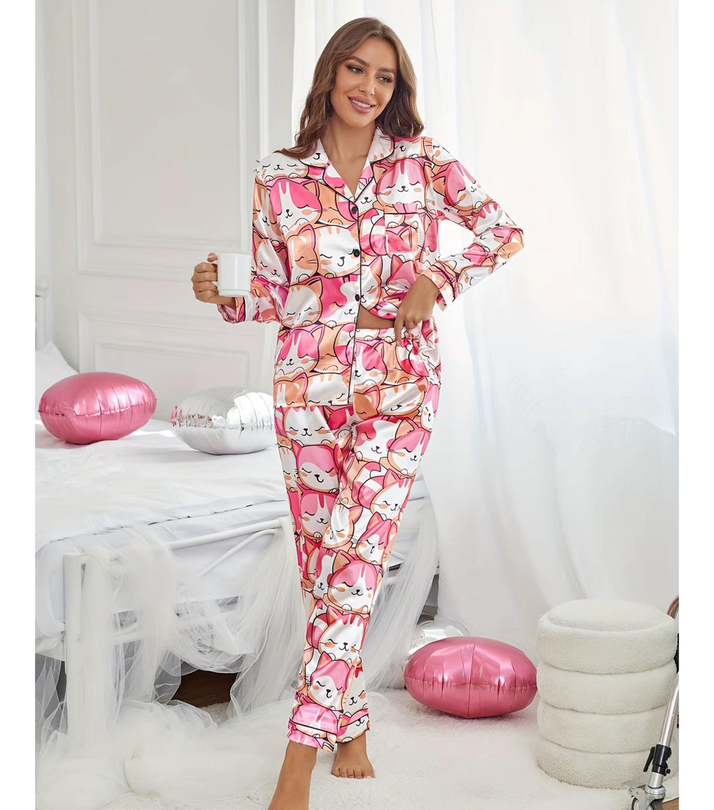 pajama set women Print Satin Pajama Set with Vibrant Cat women Pajama Set Long Sleeve Buttons Lapel pajama set pj set pantscat lover pajama