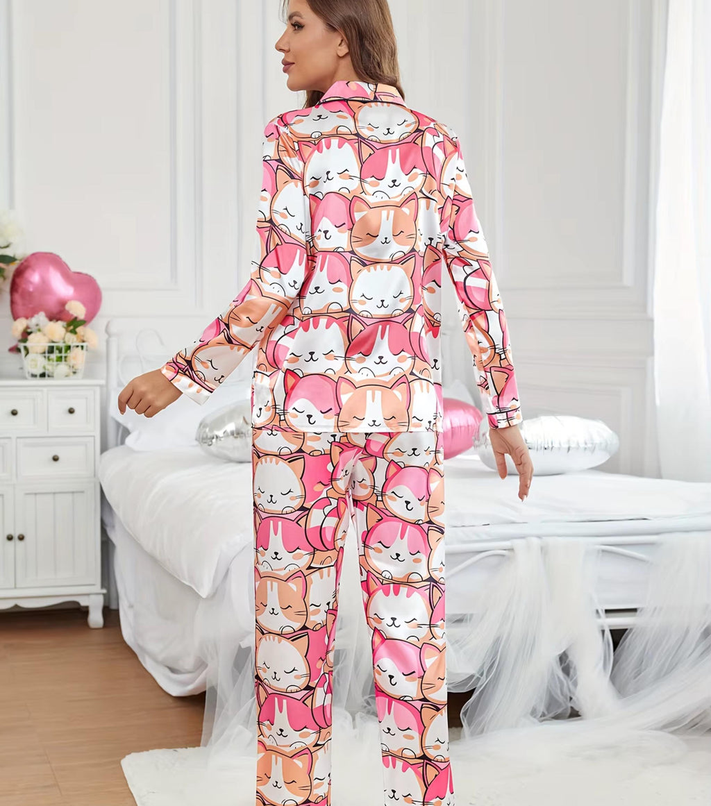 pajama set women Print Satin Pajama Set with Vibrant Cat women Pajama Set Long Sleeve Buttons Lapel pajama set pj set pantscat lover pajama