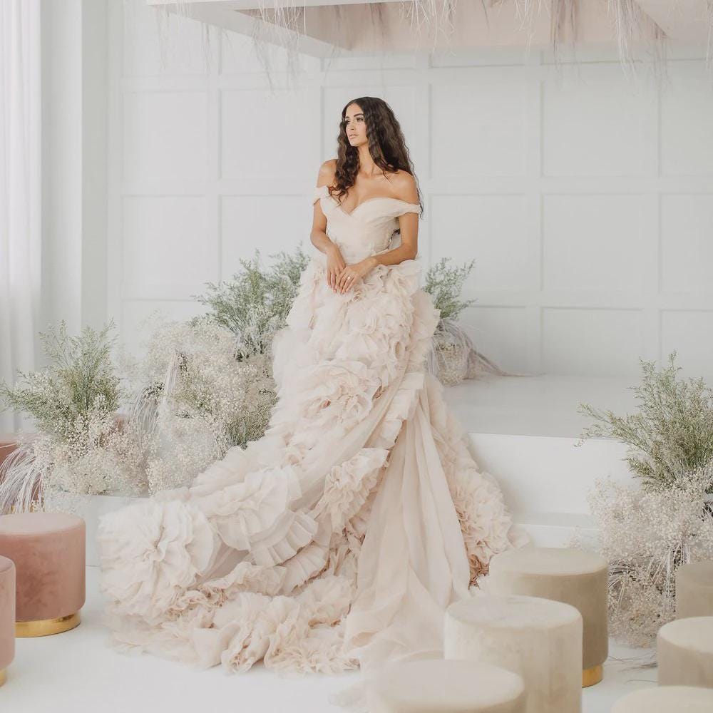 Wedding Dress with V-Neck, Long Lace Sleeves Pink Wedding Gowns Ruffles -Hem A-line Tulle Bridal Dress