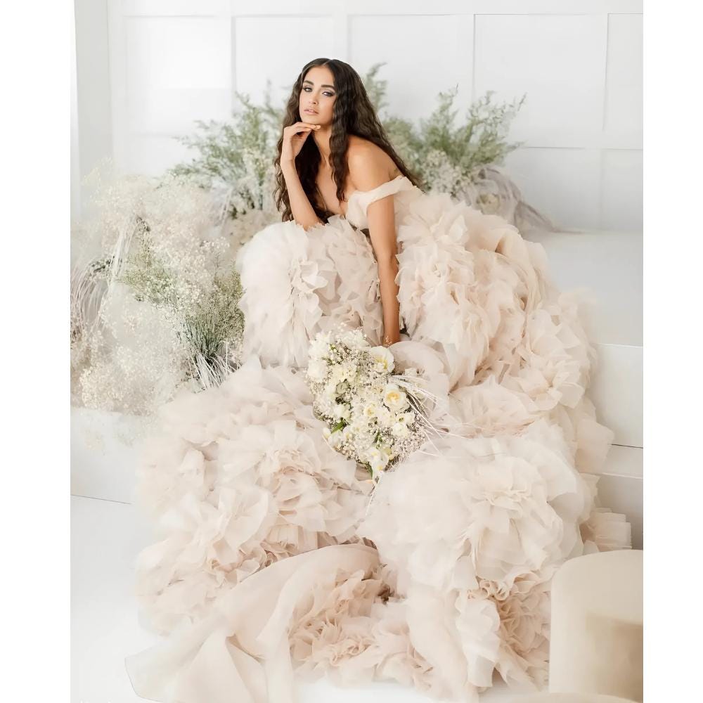 Wedding Dress with V-Neck, Long Lace Sleeves Pink Wedding Gowns Ruffles -Hem A-line Tulle Bridal Dress